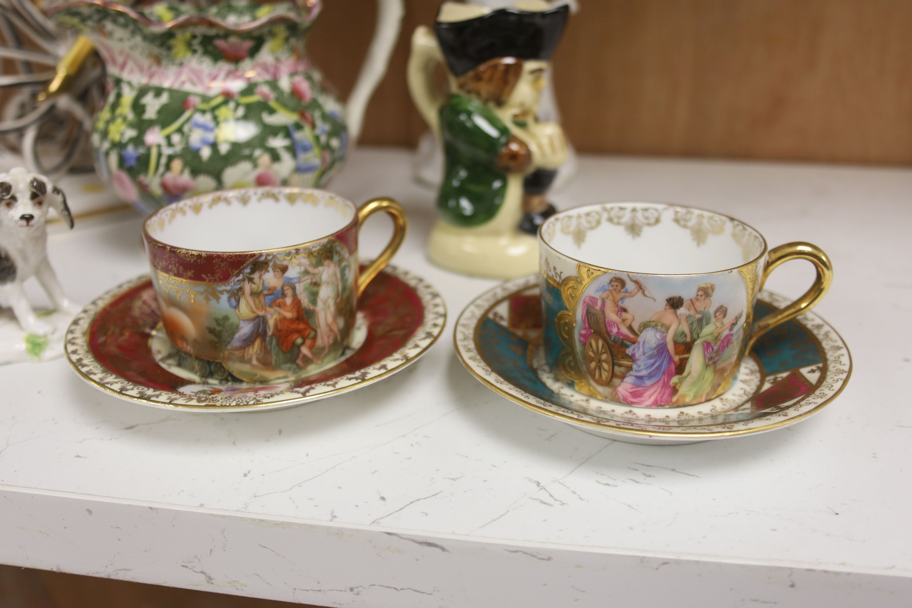 A Meissen floral encrusted cup and saucer and sundry decorative ceramics, tallest 23cm